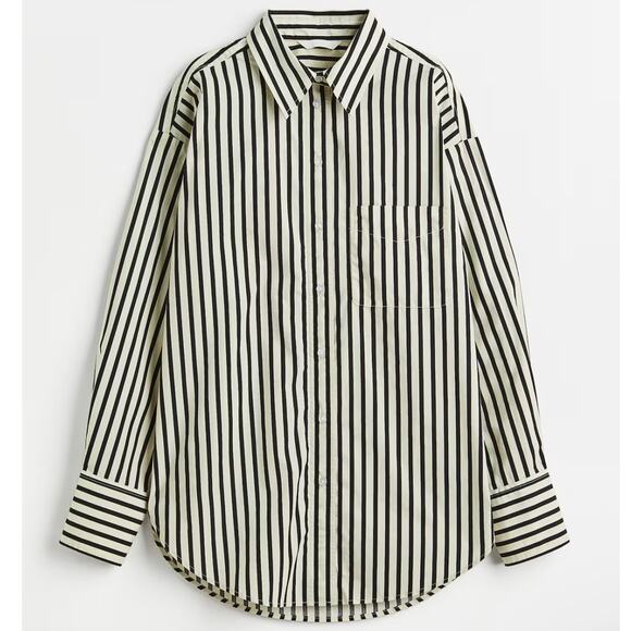 H&M Overzied Button Down Cotton White Black Striped Minimalist Shirt Size L - Picture 1 of 10